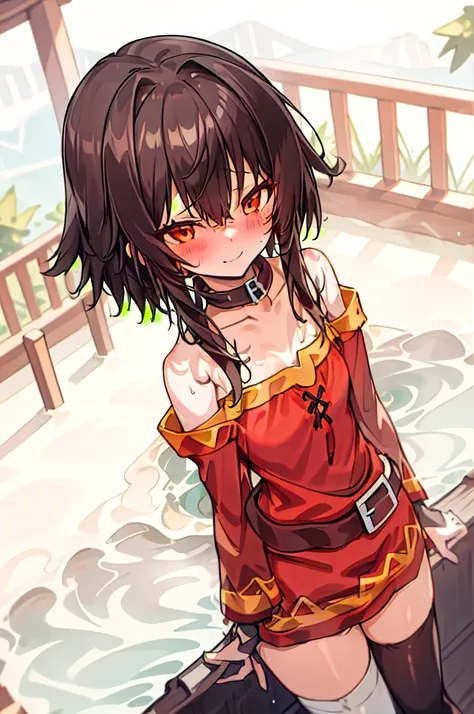 masterpiece, best quality, (1girl), megumin, konosuba(series), towel, detached collar, outdoor, night Hot springs, shiny skin, from above, thighhighs, smile face,