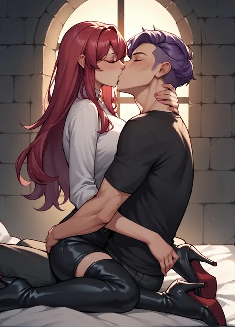 score_9, score_8_up, score_7_up, score_6_up, score_5_up, score_4_up, source_anime, 1 woman, long bed, red hair, kissing, long hair, close eyes, free arms, clean hair, black bikin, black boots, thigh high boots, heels, Release the knee, Show the heels, dung...