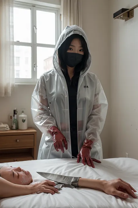 korean girl, (behind corpse, surgical mask), blood splatter, holding knife, stabbing, latex gloves, room full of blood, transparent raincoat, hood up, holding knife, latex gloves, behind corpse, short hair, night, mass murderer, robbery, in the hotel, ligh...