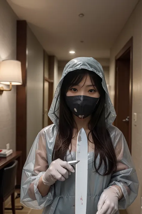 korean girl, (behind corpse, surgical mask), blood splatter, holding knife, stabbing, gloves, room full of blood, transparent raincoat, leather bucket hat, holding knife, gloves, behind corpse, very long hair, night, mass murderer, robbery, in the hotel,
