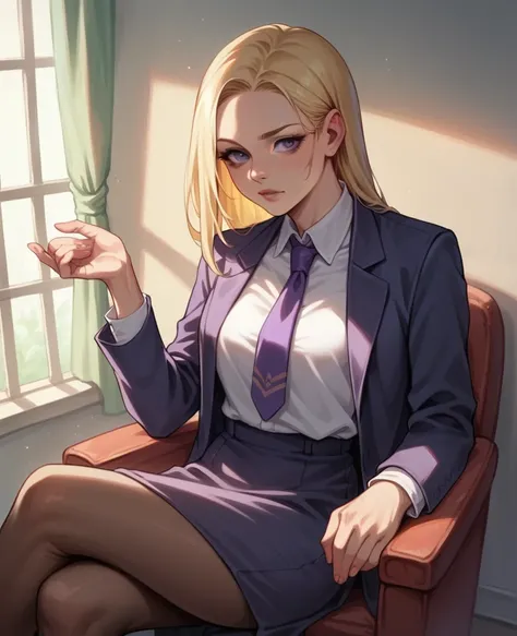 blonde girl, sitting on a chair , in a purple business suit , against the wall , Realism , high quality 