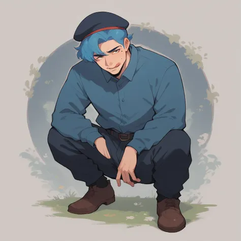 score_9, score_8_up, score_7_up, solo, male focus, blue hair, bangs, beret, mole under eye, licking lips, male, man, full body, ...