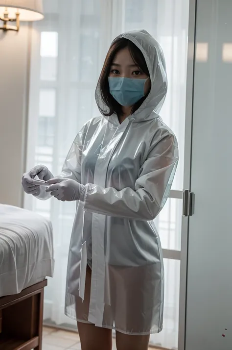 korean girl, (behind corpse, surgical mask), blood splatter, holding knife, stabbing, latex gloves, room full of blood, transparent raincoat, hood up, holding knife, latex gloves, behind corpse, short hair, night, mass murderer, robbery, in the hotel, ligh...