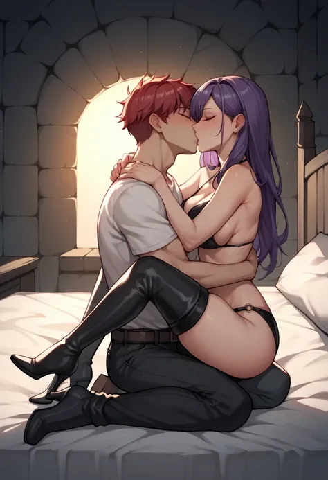 score_9, score_8_up, score_7_up, score_6_up, score_5_up, score_4_up, source_anime, 1 woman, long bed, purple hair, kissing, long hair, close eyes, free arms, clean hair, black bikini, black boots, thigh high boots, heels, Release the knee, Show the heels, ...