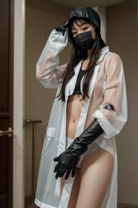 korean girl, (behind corpse, surgical mask), blood splatter, holding knife, stabbing, gloves, room full of blood, transparent raincoat, leather bucket hat, holding knife, gloves, behind corpse, very long hair, night, mass murderer, robbery, in the hotel,
