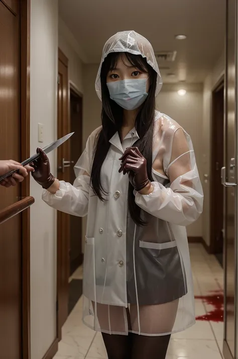 korean girl, (behind corpse, surgical mask), blood splatter, holding knife, stabbing, gloves, room full of blood, transparent raincoat, leather bucket hat, holding knife, gloves, behind corpse, very long hair, night, mass murderer, robbery, in the hotel,
