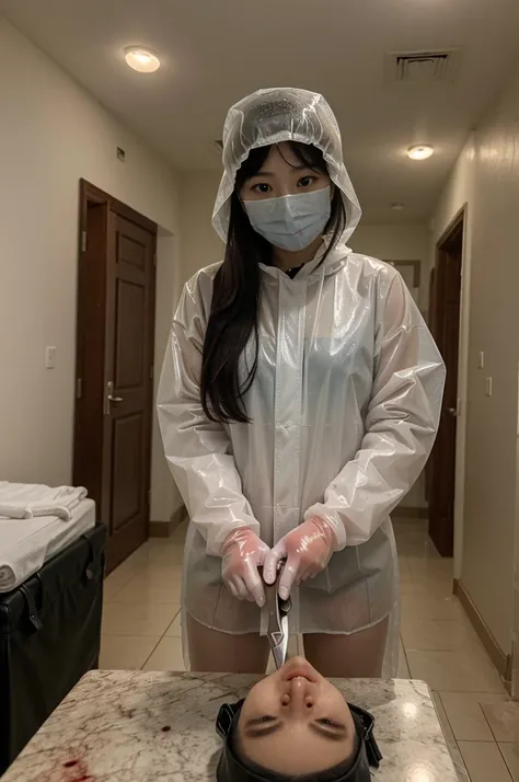 korean girl, (behind corpse, surgical mask), blood splatter, holding knife, stabbing, gloves, room full of blood, transparent raincoat, leather bucket hat, holding knife, gloves, behind corpse, very long hair, night, mass murderer, robbery, in the hotel,
