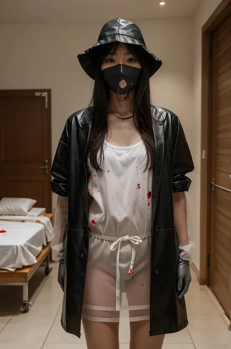 korean girl, (behind corpse, surgical mask), blood splatter, holding knife, stabbing, gloves, room full of blood, transparent raincoat, leather bucket hat, holding knife, gloves, behind corpse, very long hair, night, mass murderer, robbery, in the hotel,
