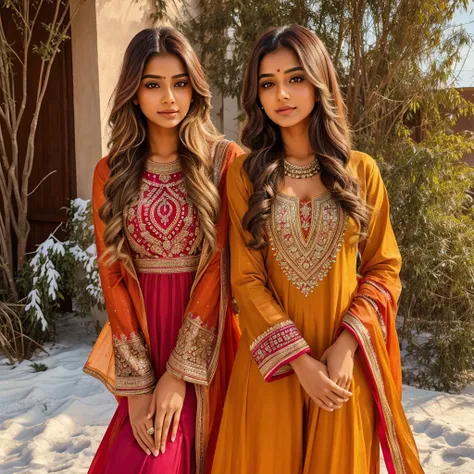 lovely cute young attractive indian girl, brown eyes, gorgeous actress, 23 years old, cute, an Instagram model, long blonde_hair, colorful hair, winter , Indian, wearing salwar-kameez and dupatta
