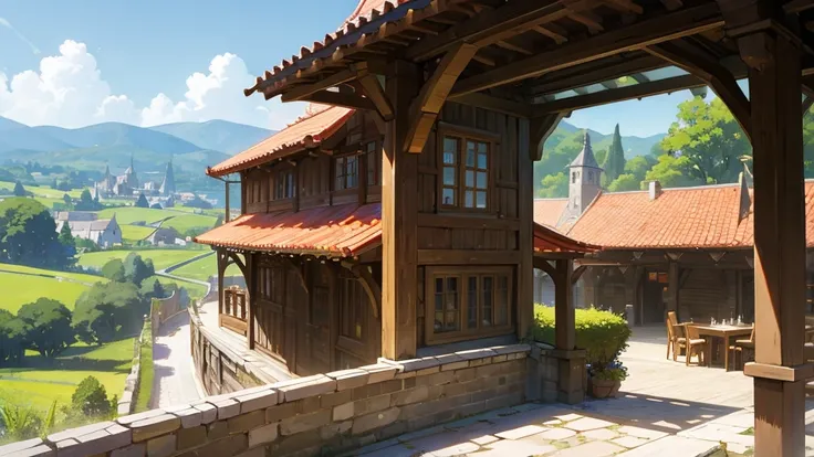 Medieval European style building、Cafe Terrace、countryside、Different world、Peaceful、Cafe Terraceからの風景、Fantasy、High quality