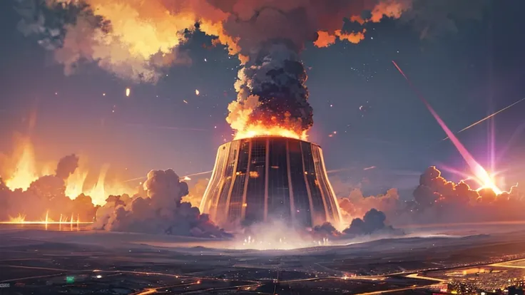 Please help me generate a background image about the nuclear explosion era，The main colors are blue, purple and black，Full of technology，A feeling of time travel