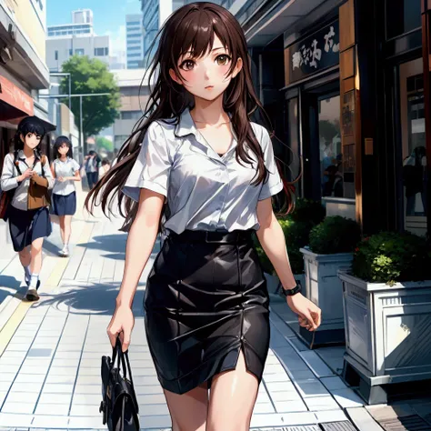 anime girl walking down the street with a black bag, smooth anime cg art, a hyperrealistic , beautiful anime high school girl, kantai collection style, attractive anime girl, realistic anime 3 d style, realistic anime artstyle, anime style 4 k, seductive a...