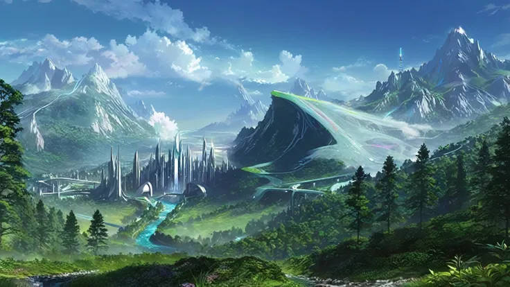 mountains, futuristic fantasy city, and a stream in a valley with a forest in the foreground, masterpiece, best quality, Fantasy aesthetics, Highly detailed, beautiful landscape