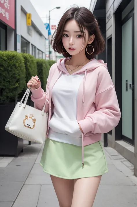   korean, smooth puppy close, green eyes, baby pink hoodie, short white skirt, Cute earrings, white bag 