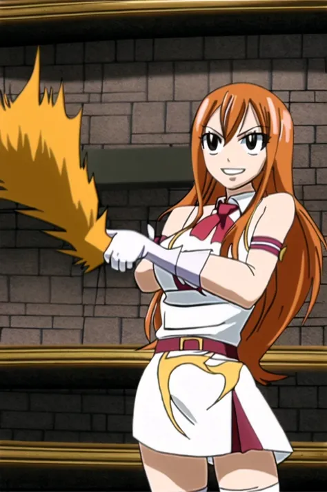 One girl, fairy tail, anime art style, 1girl, solo, smile, very long_hair, gloves, closed_eyes, orange_hair