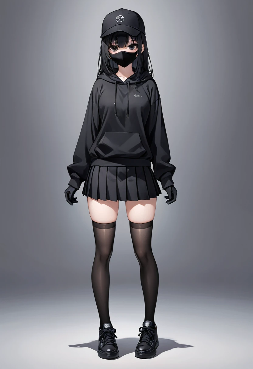 Black miniskirt , Black sneakers , Black hoodie , pleated skirt , whole body , thighs , black hair , black eyes , straight hair , black ball cap , long sleeves , stockings , seen from the front , Black gloves , black mask