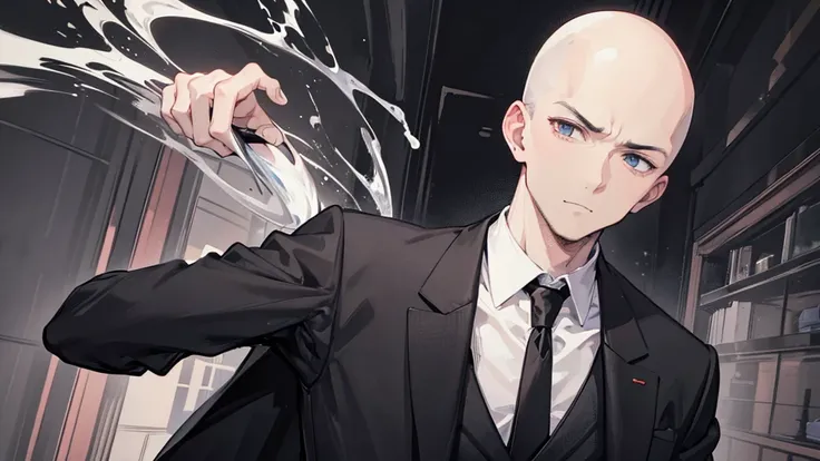 a man in a black suit,eyes browns, baldie,without hair and without beard or mustache looking like a bad psychopath