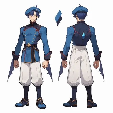 score_9, score_8_up, score_7_up, solo, male focus, blue hair, bangs, beret, mole under eye, male, man, full body, concept art, Reference Sheet, masterpiece