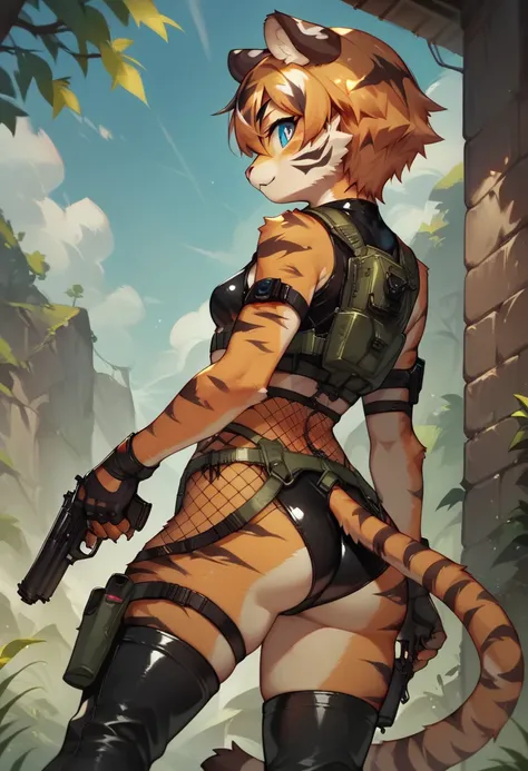 score_9, score_8_up) score_7_up, score_6_up, solo, tiger, kemono, anthro, cute, short hair, blue eyes, white pupils, sexy pose, orange fur, tactical harness, croptop, thigh high boots, assassin girl, mesh body suit, tactical gloves, latex, small breasts, o...