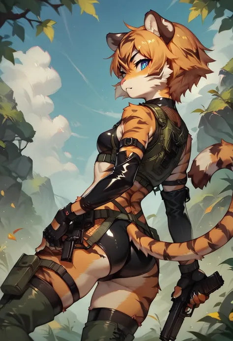 score_9, score_8_up) score_7_up, score_6_up, solo, tiger, kemono, anthro, cute, short hair, blue eyes, white pupils, sexy pose, orange fur, tactical harness, croptop, thigh high boots, assassin girl, mesh body suit, tactical gloves, latex, small breasts, o...