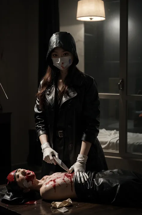 korean girl, (behind corpse, surgical mask), holding knife, stabbing, black leather gloves, room full of blood, black trench coat, bucket hat, holding knife, black gloves, behind corpse, blood splatter, very long hair, night, mass murderer, robbery, in the...