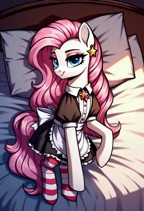 score_9,score_8_up,score_7_up,score_6_up, ((my little pony)), radiant lighting, vibrant colors, whimsical atmosphere, 8K, high resolution, highly detailed, masterpiece, ((brightness white body)), blue eyes, (maid costume), striped stockings, star pendant, ...