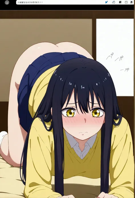 (((miko yotsuya tirando pedos))),(Miko yotsuya farting crouched on all fours, embarrassed, ashamed, facefart, fartfx, sound effects, object insertion, (wearing Japanese  with yellow sweatshirt and short navy blue skirt),(his butt in front of the screen)) (...