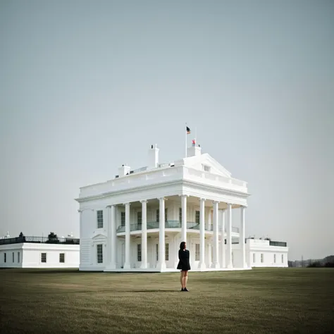 a beautiful short hair women stands the background of a perfectly minimalist white house 