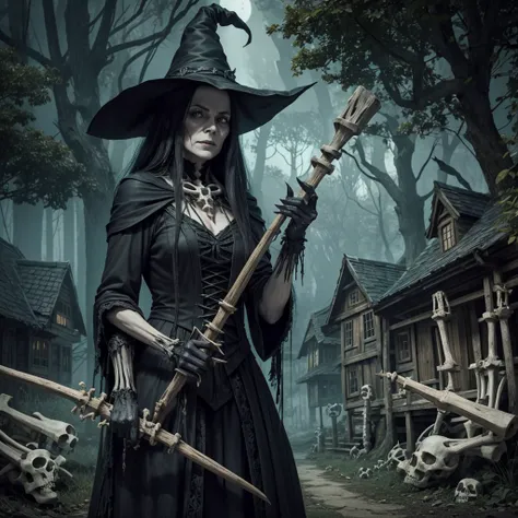 Evil wicked witch, close up, holding a staff made of bones, detailed, old village house in forest setting as background, artistic, horror, scary