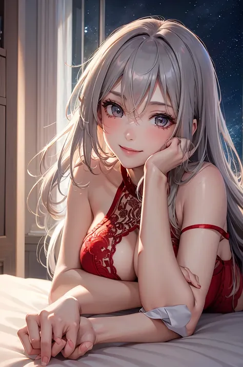 Best Quality,High resolution,8K,finelity detailed background,Masterpiece:1.2),beautiful girl,Glossy romance gray hair,crossed bangs,Gray eyes,Gentle look,A refreshing look,smile,Best quality,Best Quality,Aesthetic and aesthetic:1.2,Best details((Super deta...