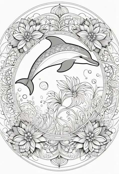 A striking black and white line art coloring page designed for adults with white background, featuring a majestic dolphin in a mandala-inspired style. The dolphin is adorned with intricate patterns that include floral and geometric designs, making it an en...