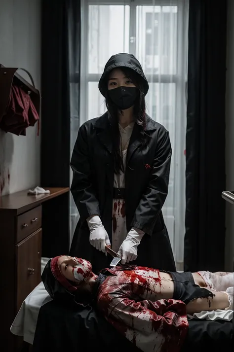 korean girl, (behind corpse, surgical mask), holding knife, stabbing, black gloves, room full of blood, black trench coat, bucket hat, holding knife, black gloves, behind corpse, blood splatter, very long hair, night, mass murderer, robbery, in the hotel, ...