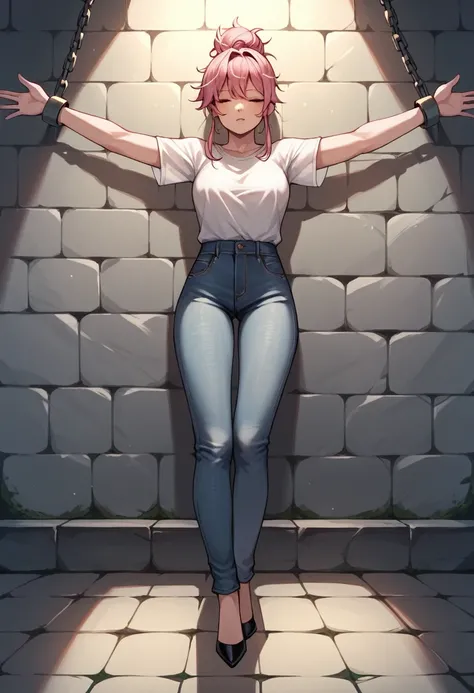 score_9, score_8_up, score_7_up, score_6_up, score_5_up, score_4_up, source_anime, 1woman, pink hair, hair bun, close eyes, w-w-chain, spread arms, messy hair, white shirt, jeans pants, high heels, dungeon, best quality, best res, 4K UHD,
 