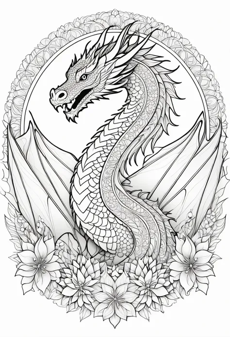 A striking black and white line art coloring page designed for adults with white background, featuring a majestic dragon in a mandala-inspired style. The dragon is adorned with intricate patterns that include floral and geometric designs, making it an enga...