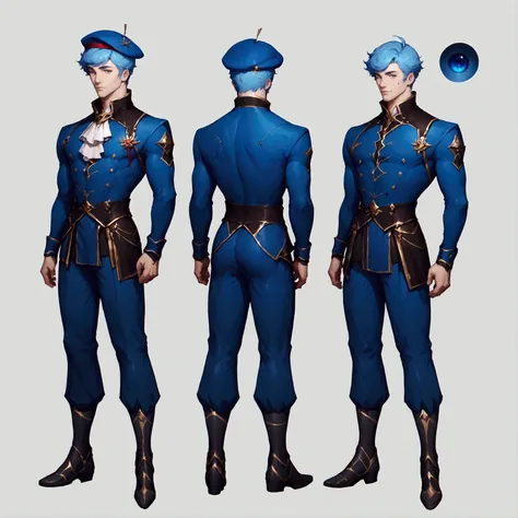 score_9, score_8_up, score_7_up, solo, male focus, blue hair, bangs, beret, mole under eye, male, man, full body, concept art, r...