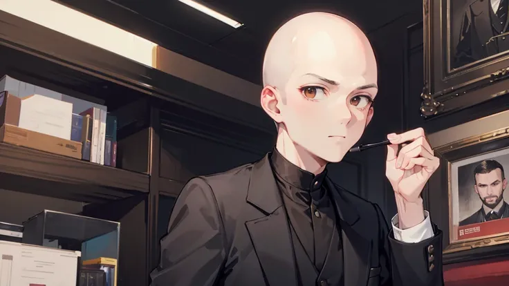 Bald man, no hair, no beard, brown eyes, black suit, judge

