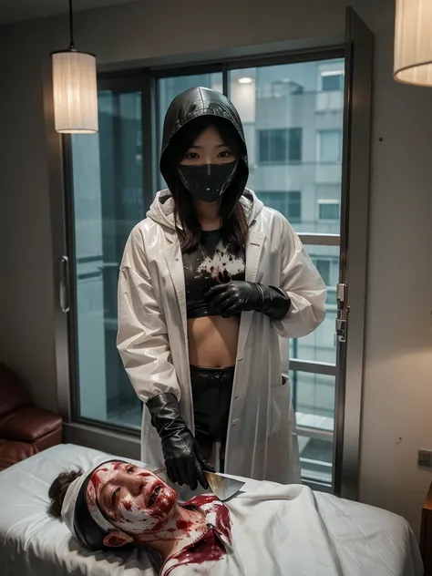 korean girl, (behind corpse, surgical mask), blood splatter, holding knife, stabbing, leather gloves, room full of blood, transparent raincoat, hood up, trucker hat, holding knife, leather gloves, behind corpse, short hair, night, mass murderer, robbery, i...