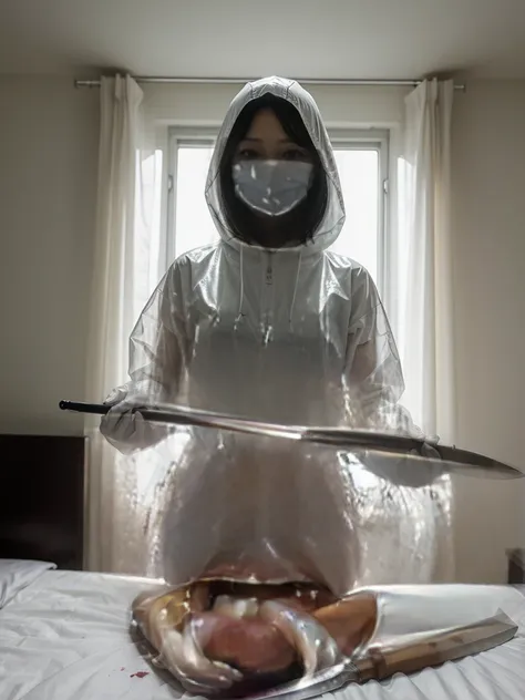 korean girl, (behind corpse, surgical mask), blood splatter, holding knife, stabbing, latex gloves, room full of blood, transparent raincoat, hood up, holding knife, latex gloves, behind corpse, short hair, night, mass murderer, robbery, in the hotel, ligh...