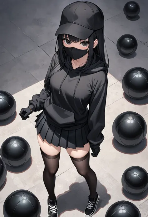 black miniskirt , black sneakers , black hoodie , pleated skirt , whole body , thighs , black hair , black eyes , straight hair ...