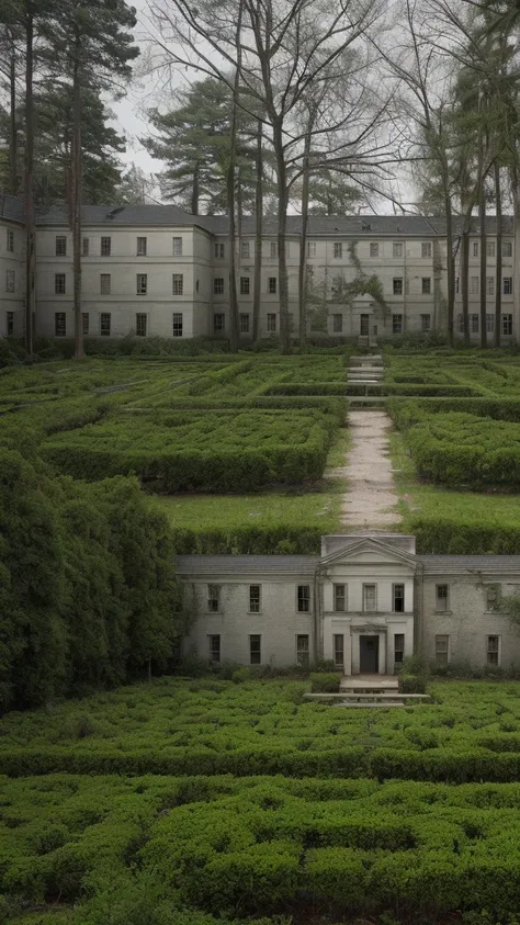 Mental hospital exterior with garden in a forest at noon