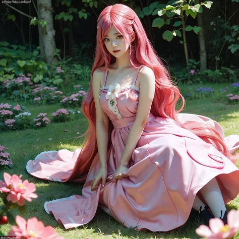 pink-haired common girl sitting in a field of strawberries, belle delphine, red wig, anime girl cosplay, anime barbie doll, anim...