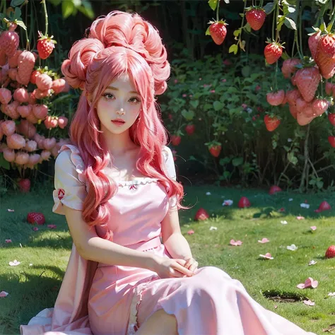 pink-haired common girl sitting in a field of strawberries, belle delphine, red wig, anime girl cosplay, anime barbie doll, anim...