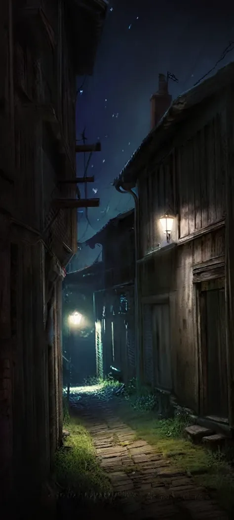 Create a night scene of an old abandoned village with dilapidated houses and empty streets. The village will look deserted and eerie, with shadows cast by the moonlight. The atmosphere should be gloomy and mysterious, with a sense of hidden secrets lurking...