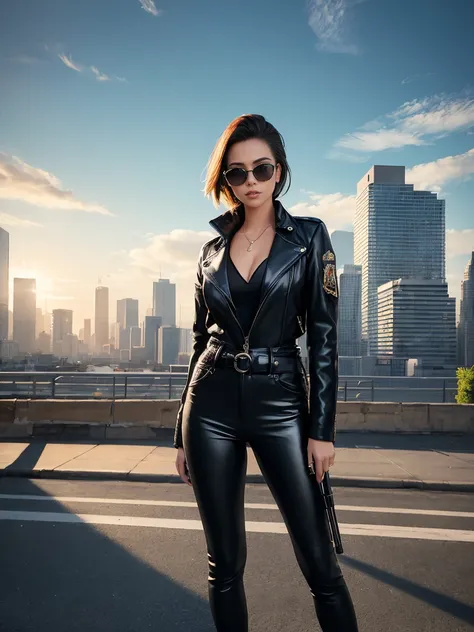 A captivating and inspiring full-body portrait of a charismatic female spy, dressed in fashionable attire and exuding confidence. She dons black sunglasses and casually holds a sleek silver gun behind her back, her face partially obscured by the shades. Th...