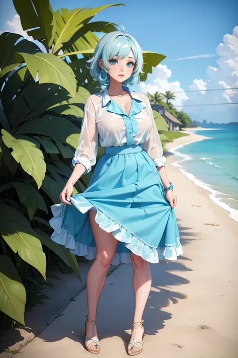  a cute girl beautiful attraction big chest blue hair Caribbean short round wearing shell hair her bright blue eye she dresses in a white shirt yellow lace thread collar and her long blue skirt sea shape yellow heel