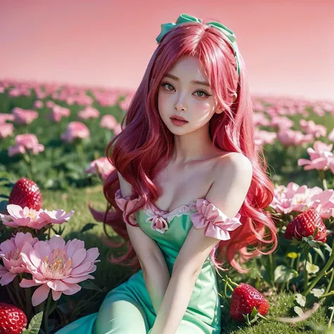 araffe girl with pink hair sitting in a field of strawberries, belle delphine, red wig, anime girl cosplay, anime barbie doll, a...