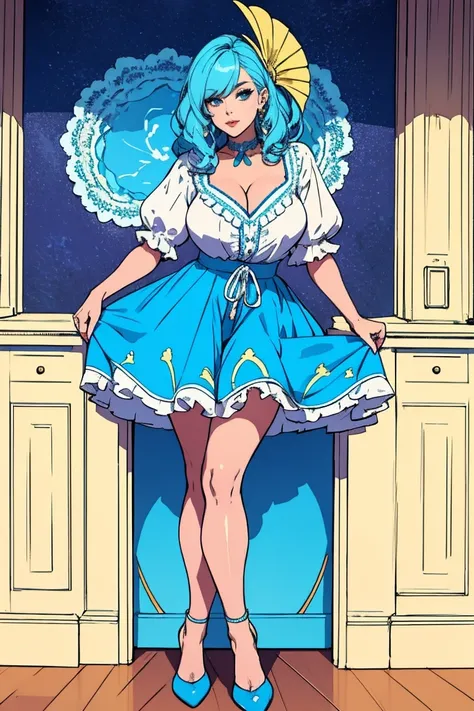  a cute girl beautiful attraction big chest blue hair Caribbean short round wearing shell hair her bright blue eye she dresses in a white shirt yellow lace thread collar and her long blue skirt sea shape yellow heel