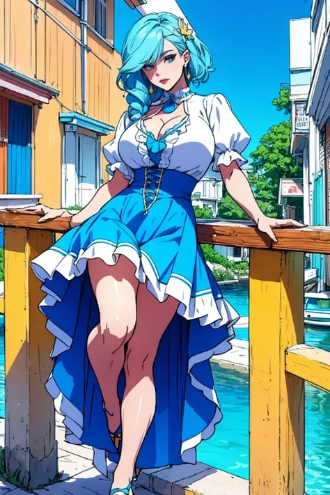  a cute girl beautiful attraction big chest blue hair Caribbean short round wearing shell hair her bright blue eye she dresses in a white shirt yellow lace thread collar and her long blue skirt sea shape yellow heel