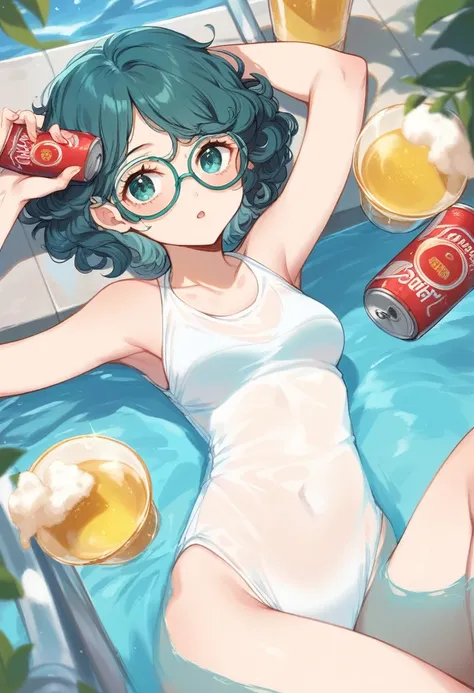 BREAK Perfect Anatomy、(High resolution:1.2)、Incredible illustrations、(Cute illustrations:1.2)、 （Beautiful background) 1 girl(Curly short cut, aqua hair)(Holder neck swimsuit, sunglasses)(Soak in the vinyl pool and drink canned beer in the garden(see throug...