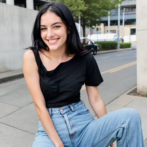 A hyper realistic image of a beautiful young Caucasian woman with  round face, black hair, smiling. She is wearing a plain (baggy) t-shirt and jeans. In street. (Modest dressing) properly dressed. (((Number of persons:1)))